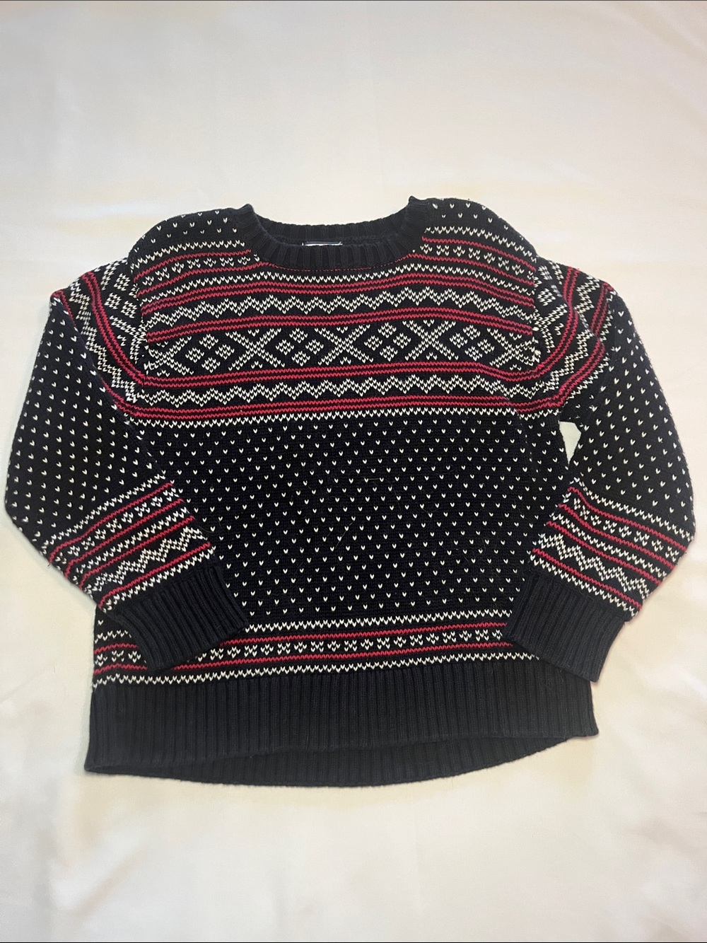 Hartstrings Black Fair Isle Knit Sweater with Red and White Pattern